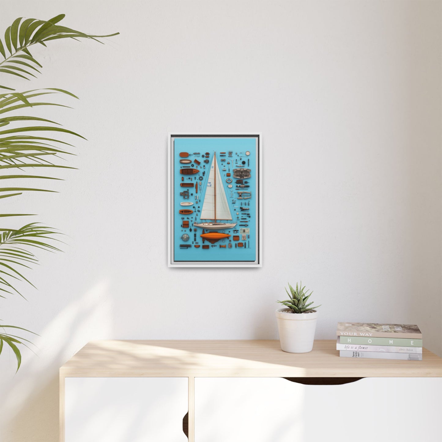 Sailboat White Framed Canvas