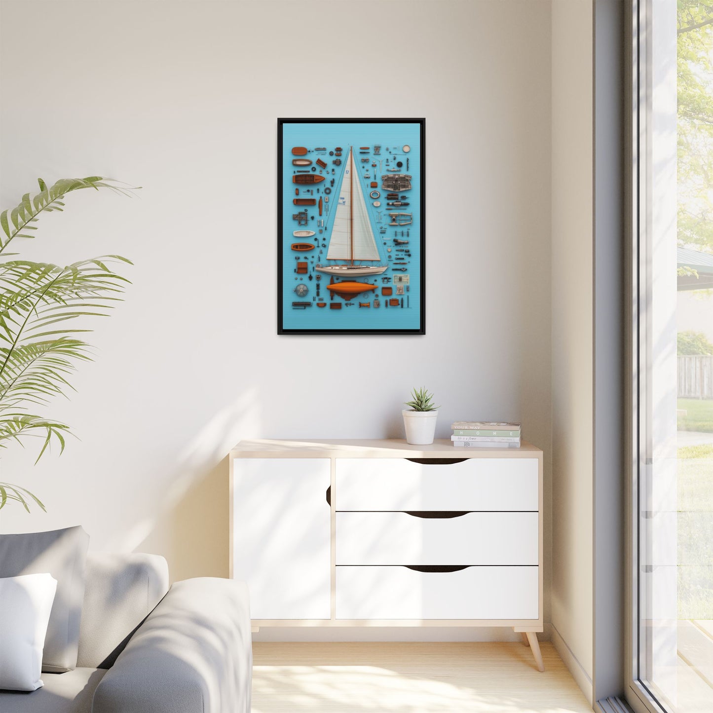 Sailboat White Framed Canvas
