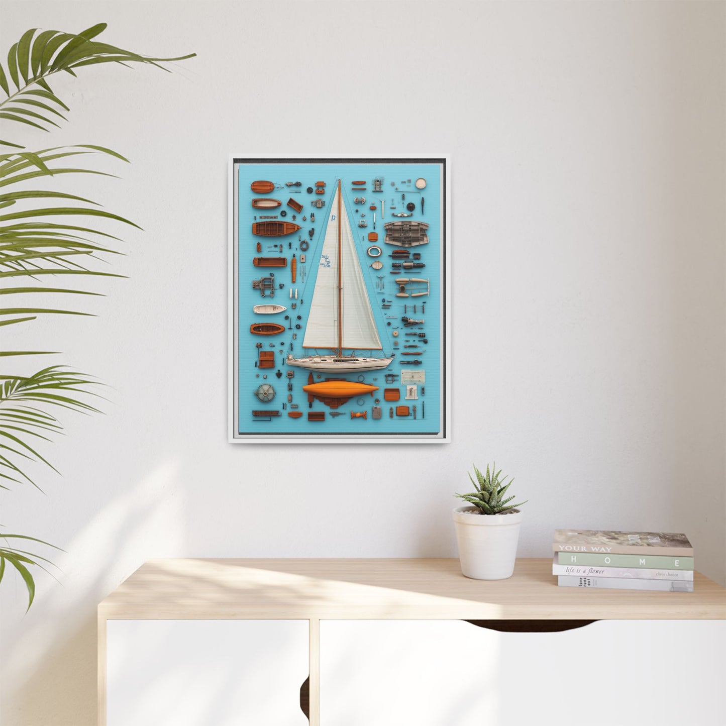 Sailboat White Framed Canvas