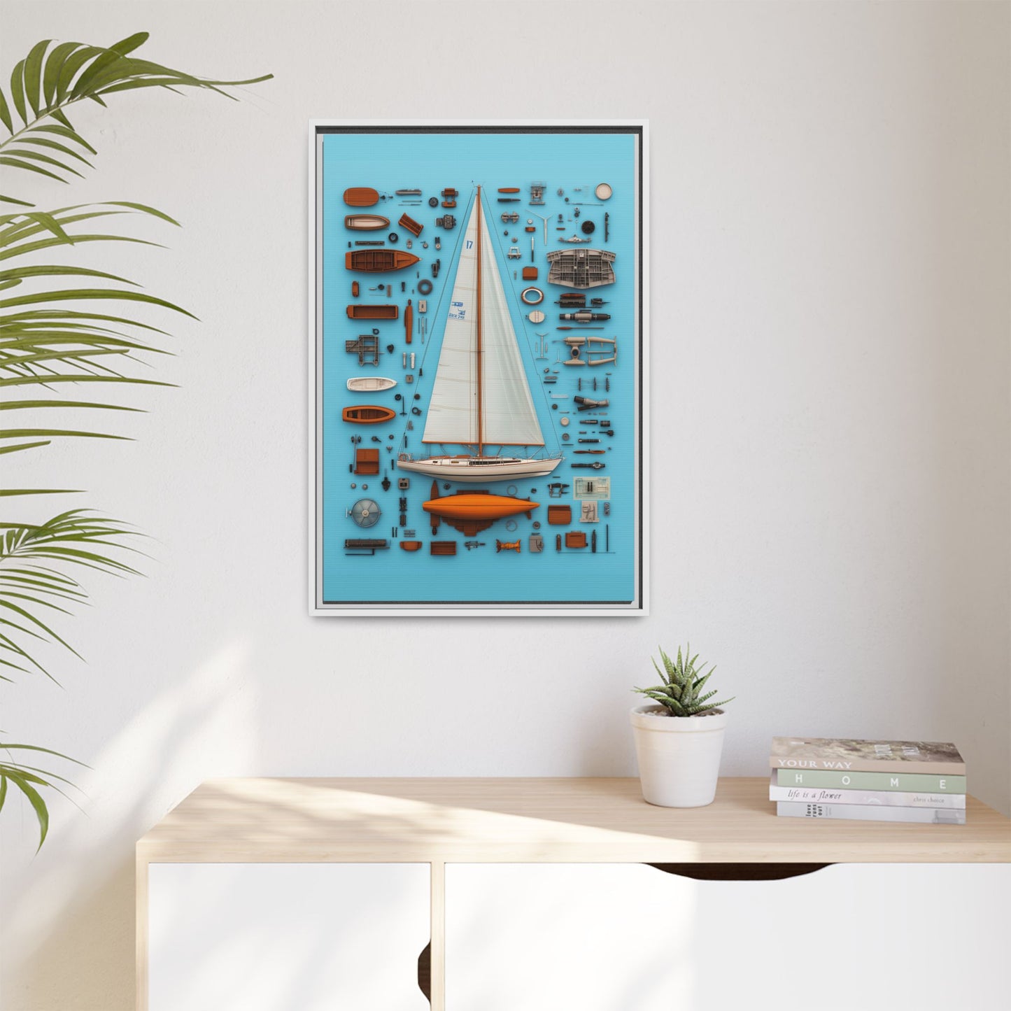 Sailboat White Framed Canvas