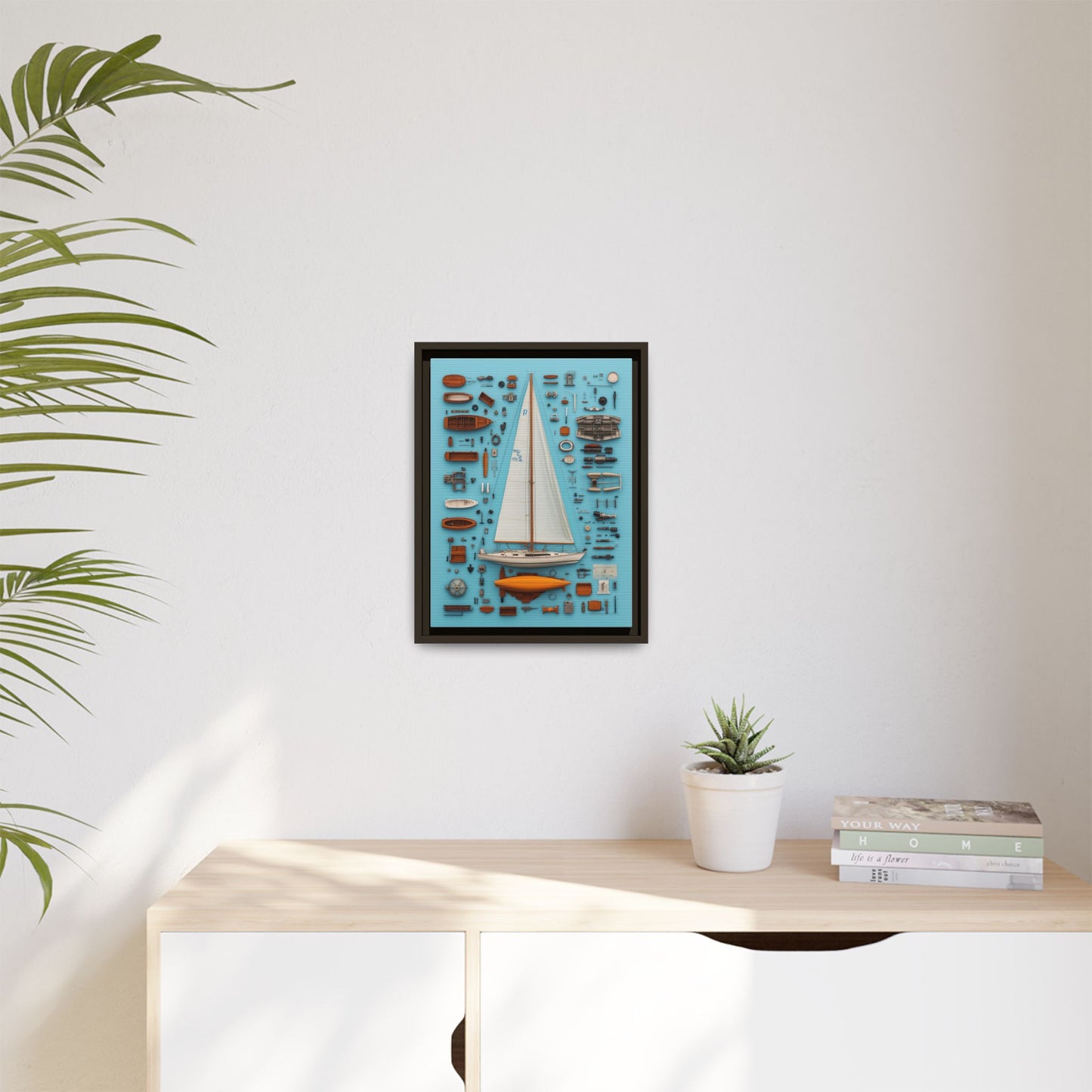 Sailboat White Framed Canvas