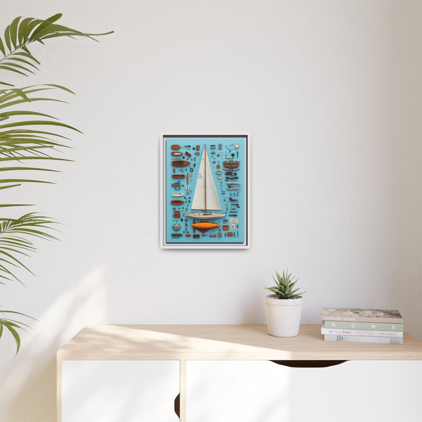Sailboat White Framed Canvas